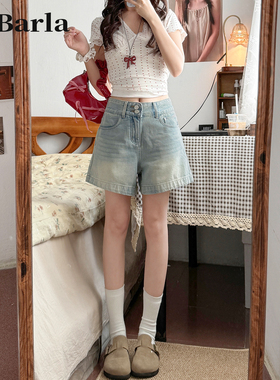 浅色牛仔短裤女夏季薄款大码胖mm宽松显瘦梨形身材高腰a字阔腿裤