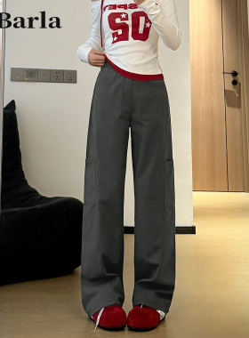 灰色直筒工装裤女春季新款胖mm大码显瘦宽松慵懒风垂感阔腿牛仔裤