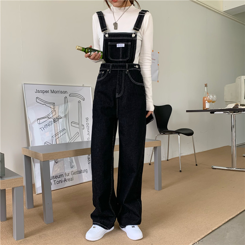 牛仔背带裤女设计感小众春秋减龄韩版宽松直筒大码胖mm显瘦裤子潮