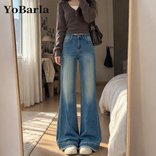复古蓝高腰显瘦微喇牛仔裤女大码