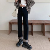 胖mm宽松显瘦弹力九分直筒裤 黑色翻边阔腿牛仔裤 大码 新款 子 女春季