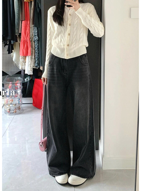 黑灰色直筒牛仔裤女春季新款大码胖mm宽松显瘦梨型身材垂感阔腿裤