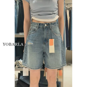 YOBARLA 优芭拉女装蓝色破洞牛仔短裤女夏薄款大码胖mm高腰显瘦梨型身材五分阔腿中裤