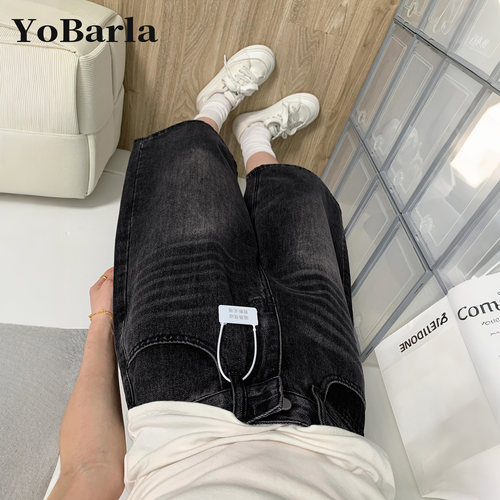 黑色阔腿牛仔七分裤女显瘦大码