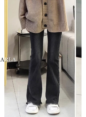 黑灰色高腰弹力微喇牛仔裤女春季新款大码胖mm梨形身材显瘦喇叭裤