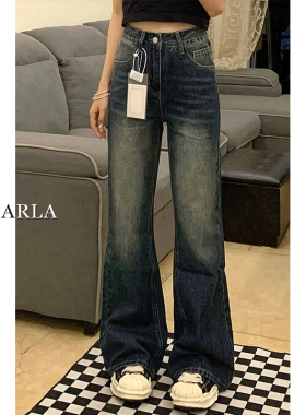 复古蓝微喇牛仔裤女高腰春季新款大码胖mm宽松显瘦梨型身材长裤子