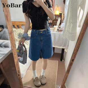 胖mm宽松梨形身材显瘦五分阔腿中裤 大码 女夏薄款 蓝色直筒牛仔短裤