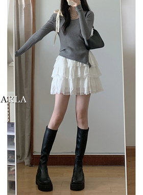 白色蕾丝蓬蓬蛋糕短裙女夏季新款大码胖mm高腰显瘦小个子a字纱裙