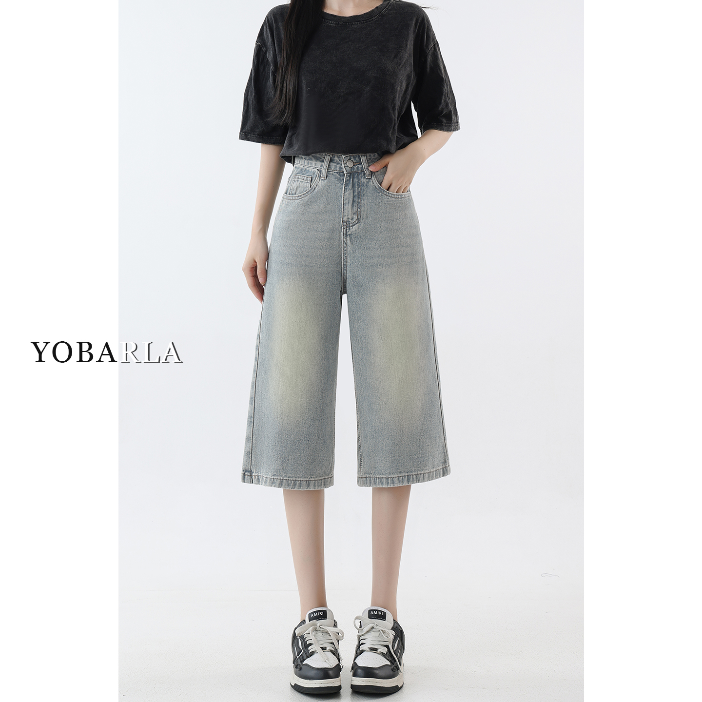 浅色阔腿牛仔七分裤女夏季新款大码胖mm宽松显瘦梨形身材直筒裤子