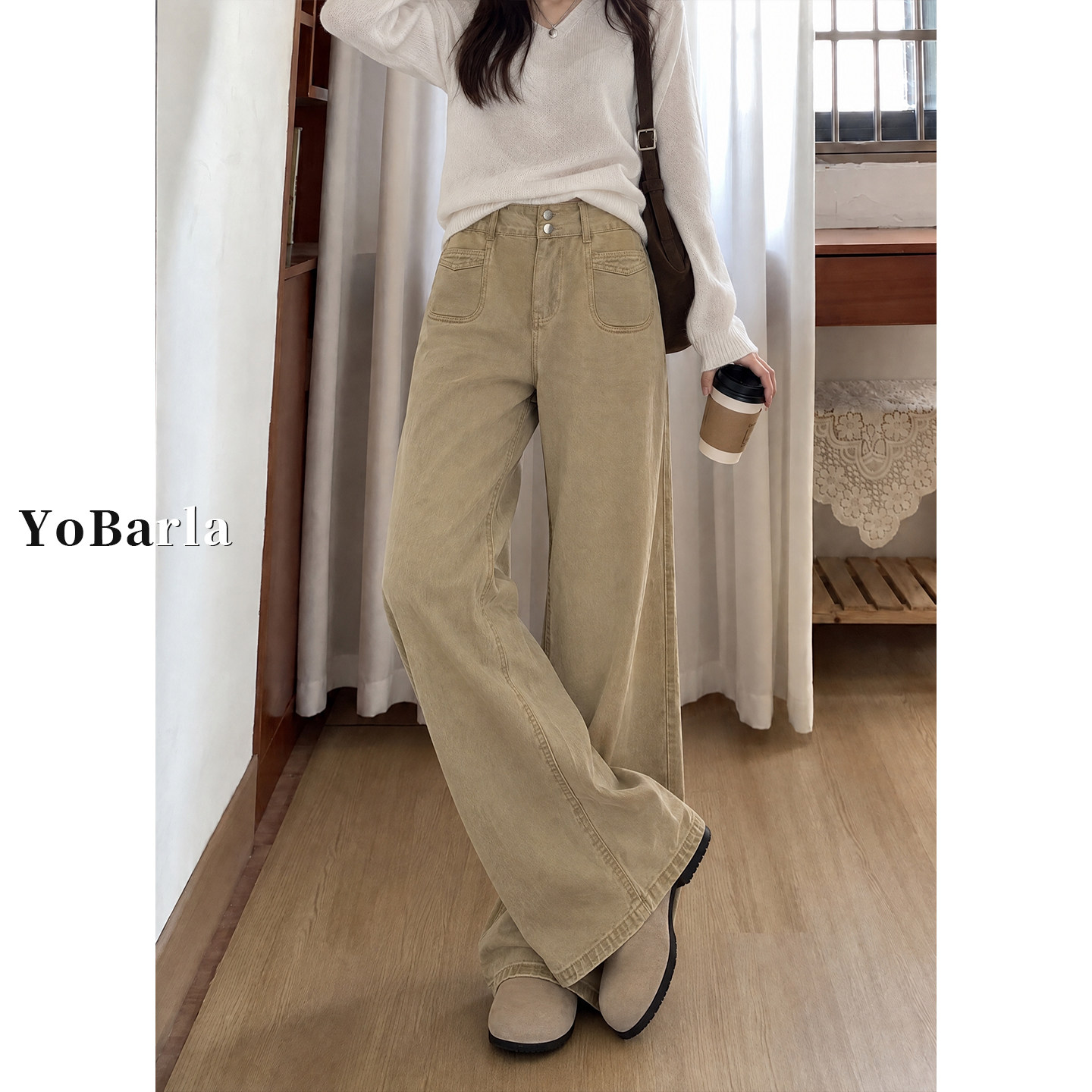 卡其色直筒牛仔裤女秋冬加绒高腰大码胖mm宽松显瘦梨形身材阔腿裤