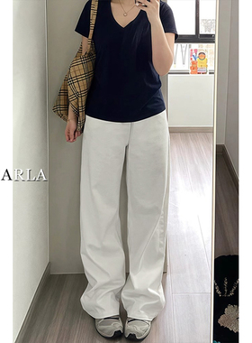 白色阔腿牛仔裤女秋季新款高腰大码胖mm宽松显瘦梨形身材直筒裤子