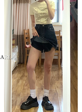 深蓝色牛仔短裙裤女夏季高腰宽松大码胖mm显瘦遮肚包臀a字半身裙