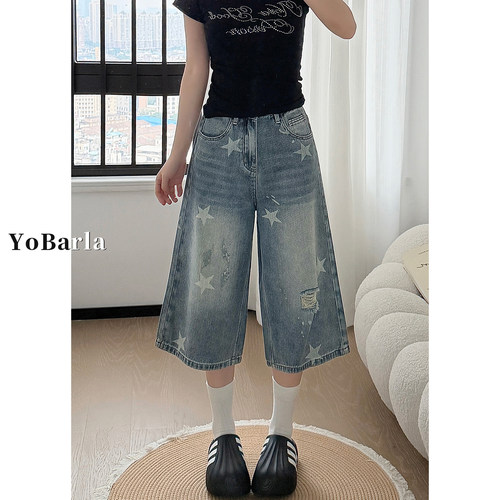 星星破洞七分阔腿显瘦牛仔裤女