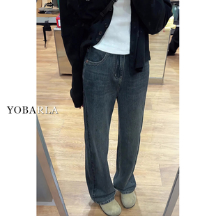 直筒牛仔裤 宽松显瘦阔腿裤 女春季 梨形身材胖mm大码 新款 蓝灰色窄版