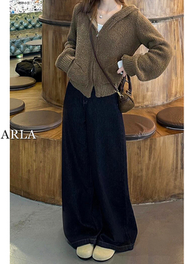 深蓝色阔腿牛仔裤女春季新款大码胖mm高腰显瘦梨形身材宽松直筒裤