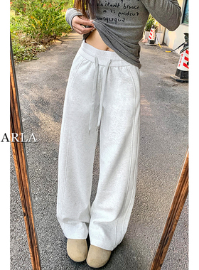 灰色阔腿休闲裤女冬季加绒加厚胖mm大码显瘦梨型身材宽松运动卫裤