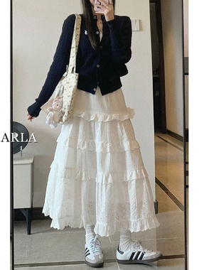 白色花边蕾丝半身裙女秋季新款胖mm大码显瘦中长款a字蓬蓬蛋糕裙