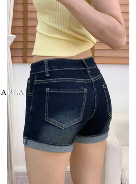 深蓝色牛仔短裤女夏季新款大码胖mm显瘦梨型身材高腰弹力a字热裤