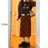 显瘦梨形身材中长款 胖mm高腰大码 a字裙 新款 格子毛呢半身裙女春季