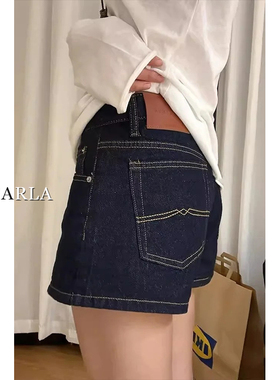 深蓝色牛仔短裤女夏季薄款大码胖mm梨型身材显瘦高腰a字阔腿热裤