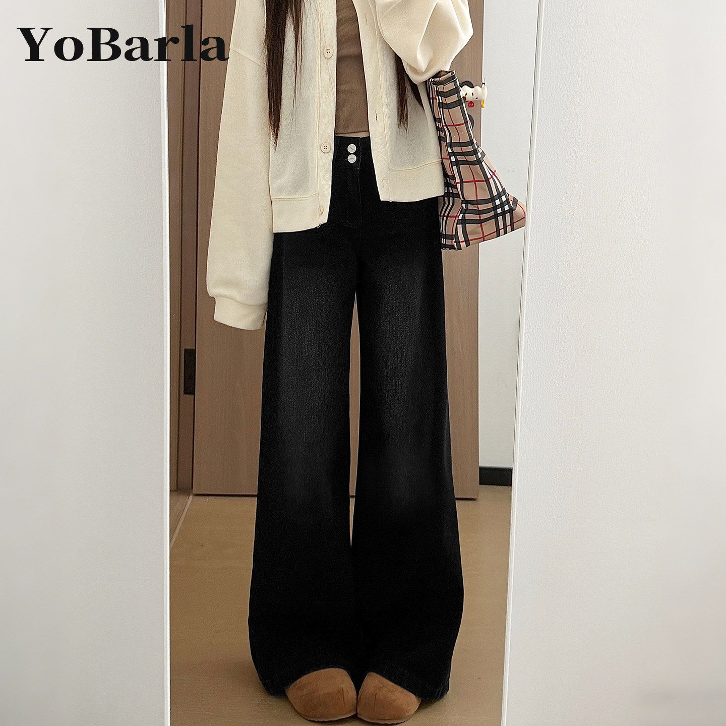 黑色直筒牛仔裤女冬季加绒大码胖mm梨型身材宽松显瘦垂感阔腿裤子,女装/女士精品,牛仔裤,淘宝优惠券,粉丝福利购,淘宝优惠卷