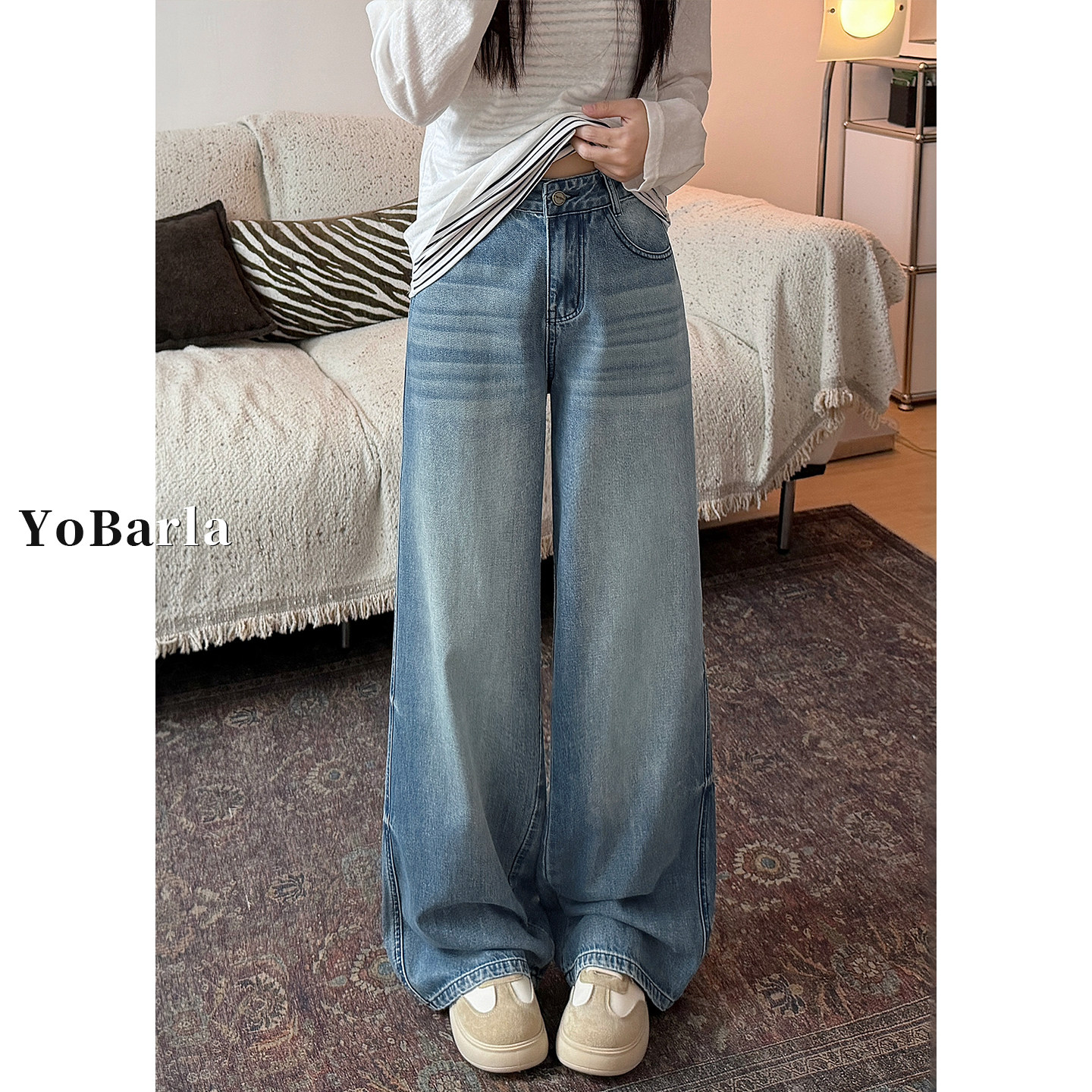复古阔腿牛仔裤女秋季新款胖mm大码梨形身材宽松垂感显瘦直筒裤子