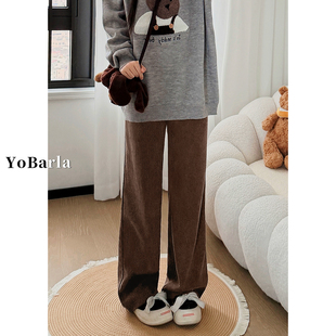 显瘦垂感阔腿裤 加绒胖mm宽松大码 女冬季 美拉德棕咖色灯芯绒休闲裤