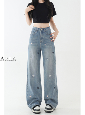 蓝色刺绣星星阔腿牛仔裤女春季大码胖mm宽松显瘦梨形身材直筒裤子