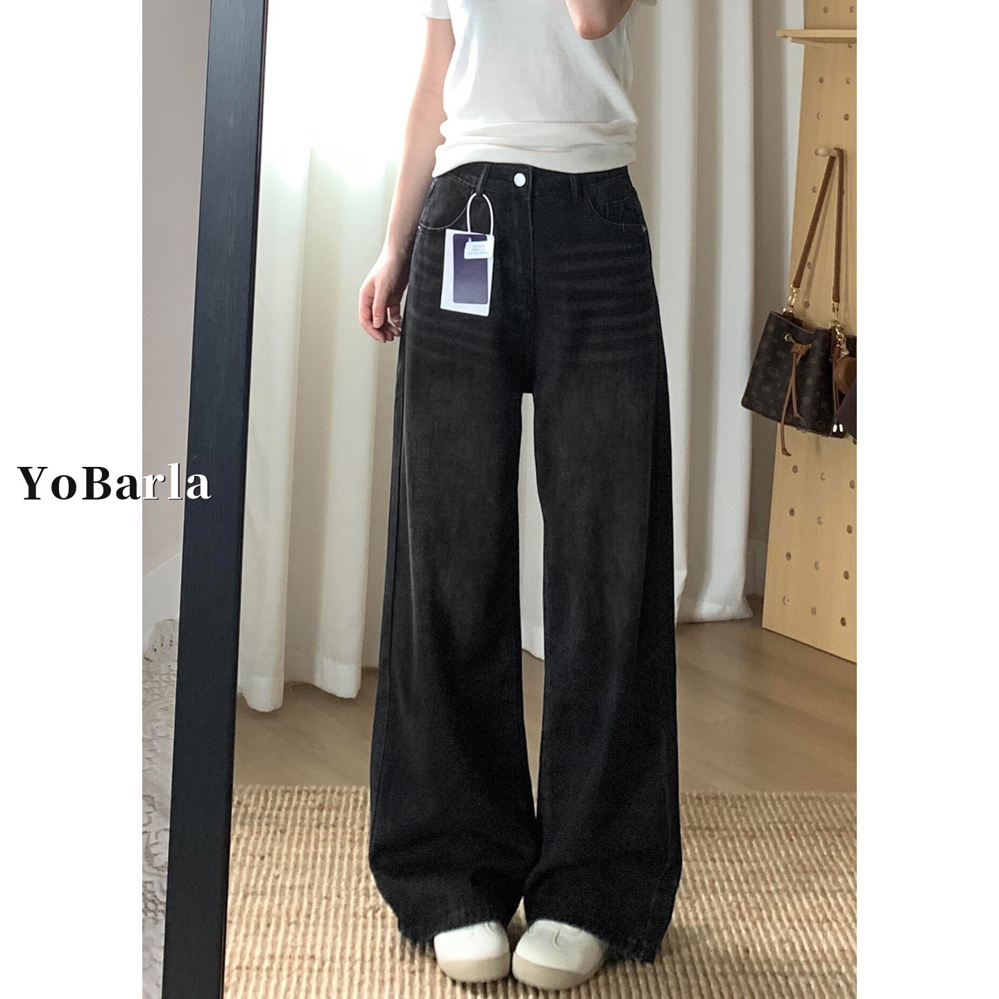 黑灰色阔腿牛仔裤女秋冬加绒胖mm大码梨形身材宽松显瘦垂感直筒裤