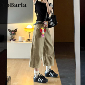 胖mm宽松显瘦梨形身材阔腿裤 大码 子 女夏新款 卡其色直筒牛仔七分裤