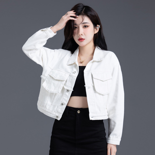 白色牛仔外套女春秋款2026新款高腰短款小款牛仔衣女工装夹克小众