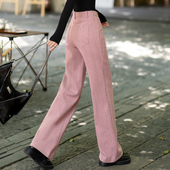 长裤 粉色毛呢裤 加厚条纹 今年流行窄版 直筒阔腿裤 女秋冬季 2025新款