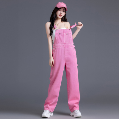 牛仔背带裤女春秋季工装粉色裤子