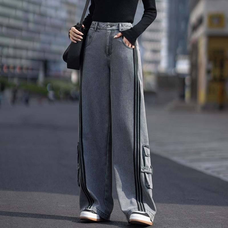高街牛仔裤女秋冬撞色工装阔腿裤