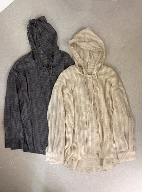 5022轻薄格子防晒服木耳花边连帽格子衬衫