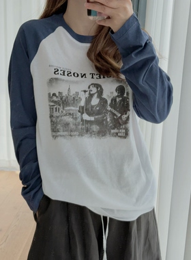 12192韩系新品撞色插肩长袖T恤女新款设计感修身显瘦上衣防晒