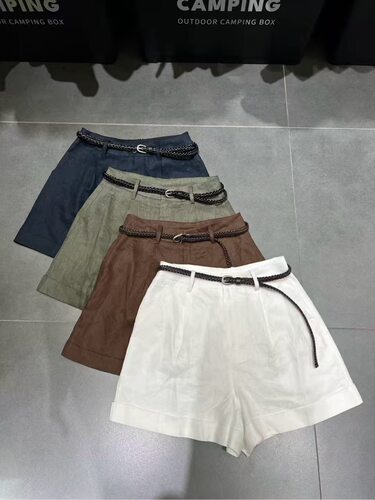 K6608欧货夏季新品编织腰带短裤女气质百搭显瘦减龄亚麻休闲裤
