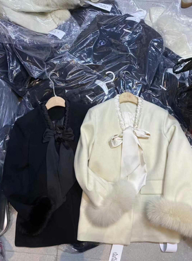 24901欧洲站2024冬韩版系带中长款拼接袖口毛毛羽绒内里大衣外套