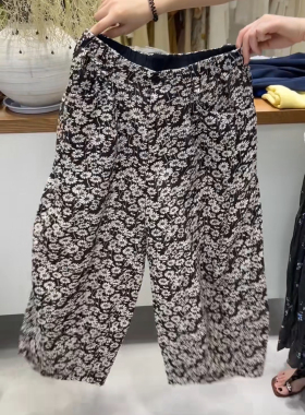 7092欧货新品高品质松紧腰一粒扣复古满满印花夏凉裤直筒裤女