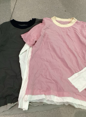84103韩系早春新款拼接假两件圆领长袖T恤百搭撞色上衣