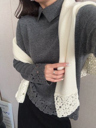 65278斜翻领新品韩系高领拼接蕾丝钩花宽松显瘦羊毛女针织套衫