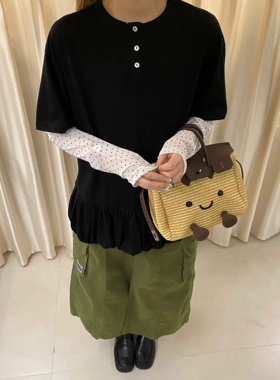8021胸口三粒扣圆领短袖下摆花苞棉T恤宽松版简约上衣