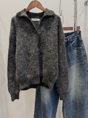 29341韩系秋冬新品翻领长袖针织衫女宽松显瘦百搭休闲马海毛毛衣