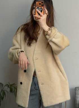 90150新韩系V领系带单排扣宽松显瘦羊毛呢外套女秋冬百搭显瘦上衣