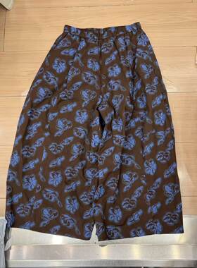 3577欧货新品松紧腰百搭咖色底蓝花全棉大筒裤