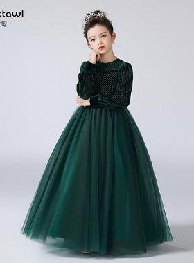 迪迪淘儿童礼服蓬蓬纱公主裙女童钢琴演奏礼服冬墨绿色主持演出服