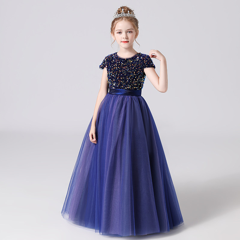 2020新款长袖女童钢琴表演服公主裙高端亮片儿童演出服礼服裙定制