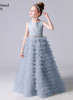 迪迪淘儿童晚礼服公主裙高端女童钢琴演奏礼服蓬蓬纱蛋糕裙灰蓝色