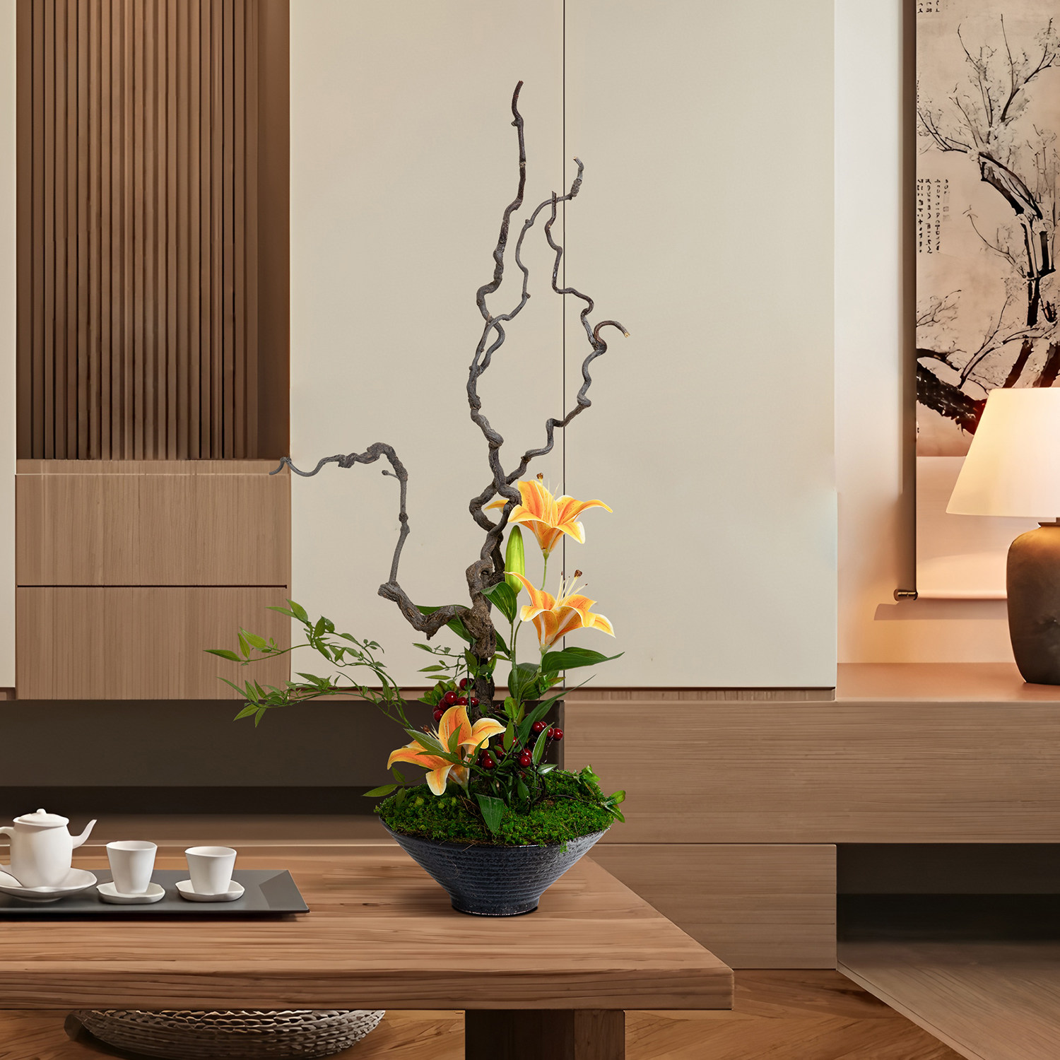 海虹雅林百合假花仿真绿植高级感逼真桌面微景观中古盆栽装饰摆件图片