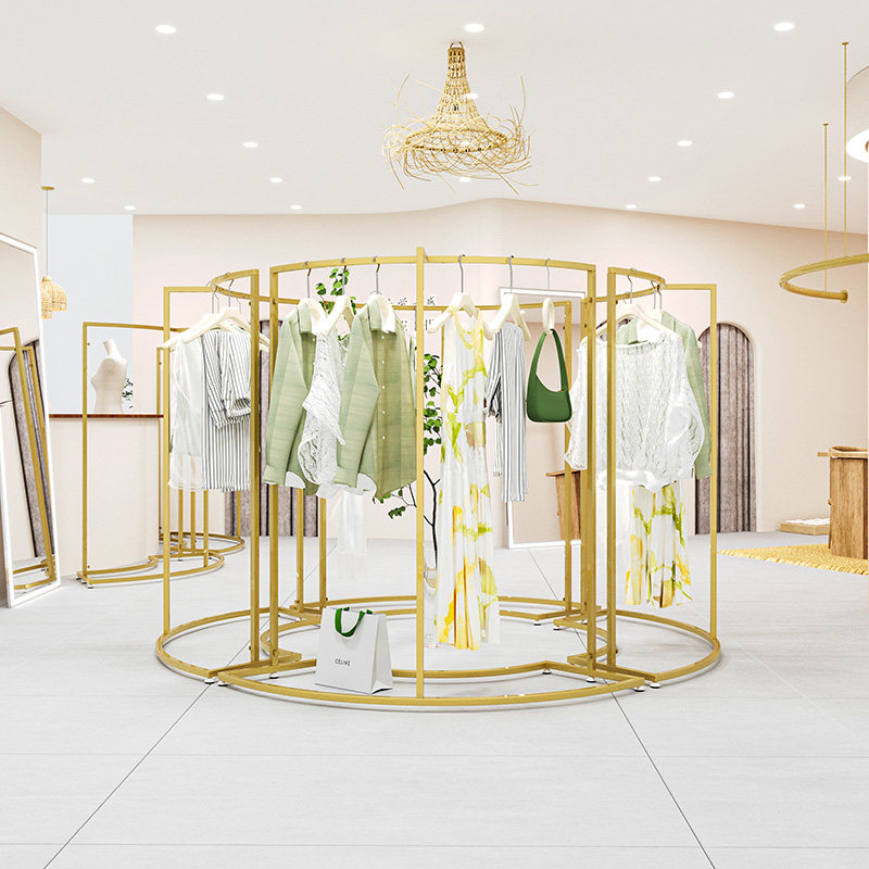 服装店中岛展示架铁艺金色中间摆放弧形衣服陈列货架女装店挂衣架